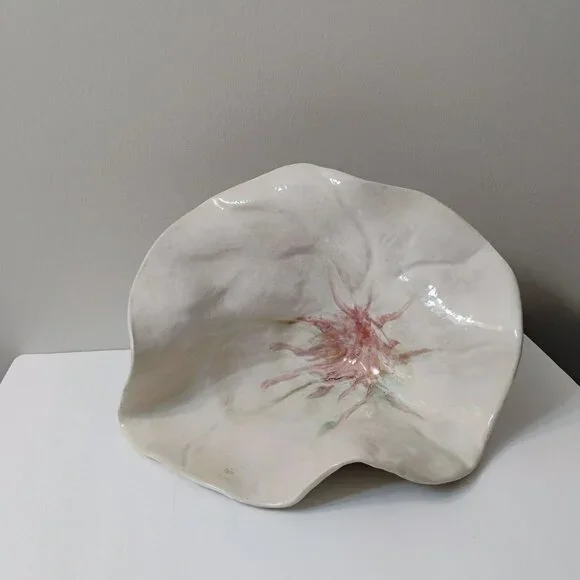 Handcrafted Art Pottery Flower Centerpiece Bowl, Decorative Ceramic White Pink - Picture 2 of 11